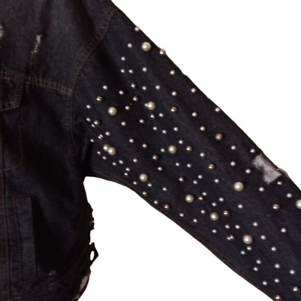 NWT Elan Distressed Denim w/ Pearl & Silver Beaded Black Jean Jacket M/L - Picture 2 of 9